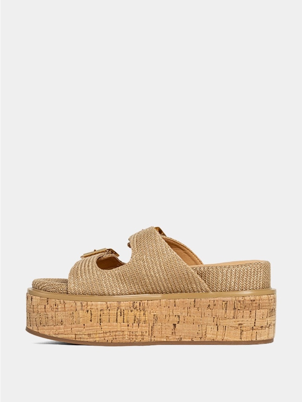 ShuShop Tan Woven Double-Buckle Platform Sandal
